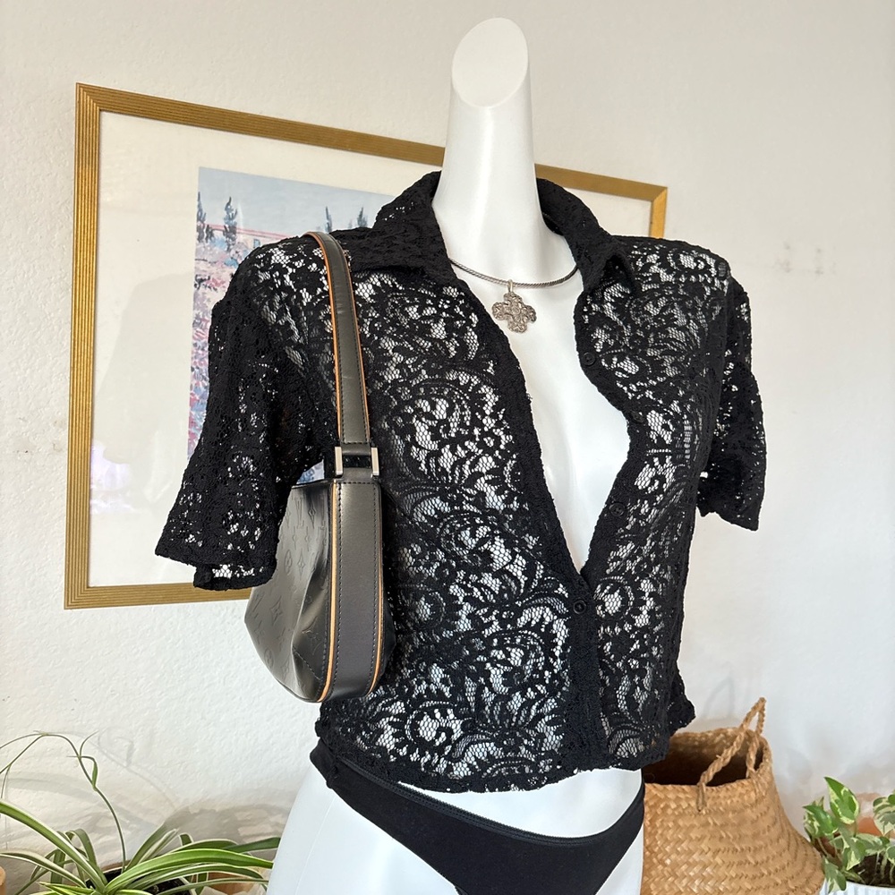 Express Black Vintage Y2K Sheer Lace Blouse Goth Soft Grunge Whimsigoth